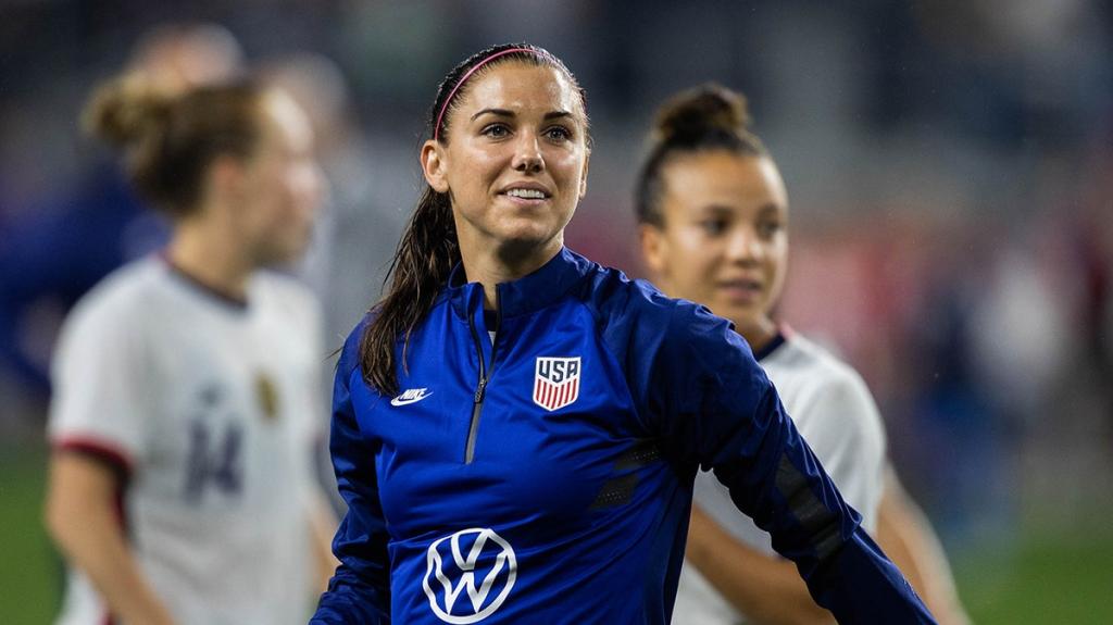 Alex Morgan delivering an emotional retirement announcement